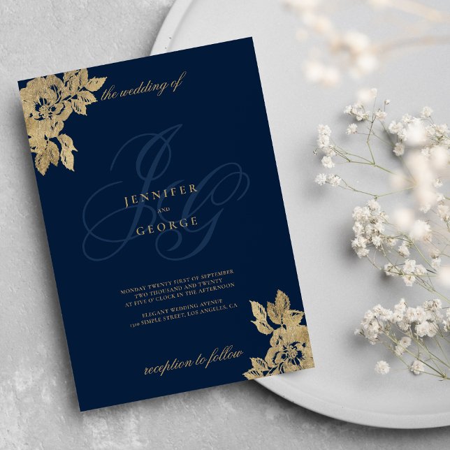INITIALER BLOMMIGT BRÖLLOP i GULD Inbjudningar (Navy blue gold monogram initials floral wedding invitation )