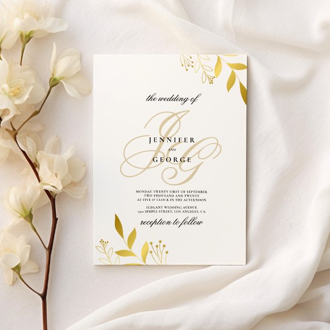 Initialer blommigt glam bröllop inbjudningar (White gold monogram initials floral glam wedding)