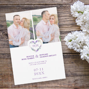 Initialer Blommigt Lila Heart 2 Foton på vit Spara Datumet
