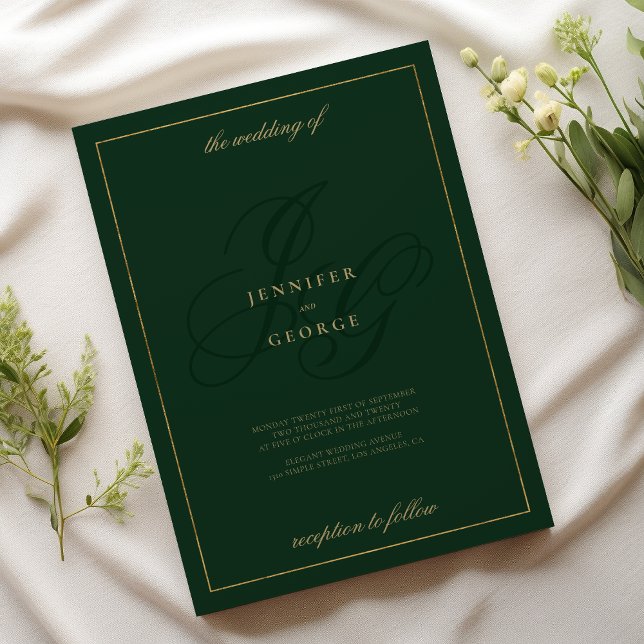 Initialer bröllop, guld, grönt av lyxskog inbjudningar (Luxury gold forest green monogram initials wedding)