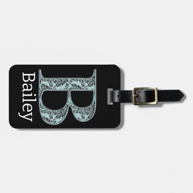 Initialer för blå Blommigt Skriv ut B monogram Bagagebricka (Horisontell Framsida)