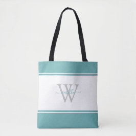 Initialer i typsnitt med monogram i teal tygkasse