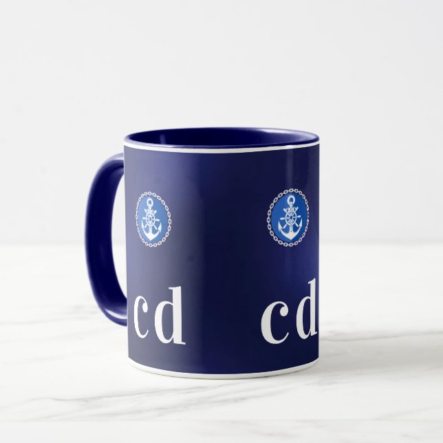 Initialer med marinblå sjöbåt, monogram mugg (Framsida vänster)
