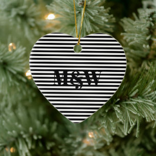 Initialer monogram svartvit rand julgransprydnad keramik