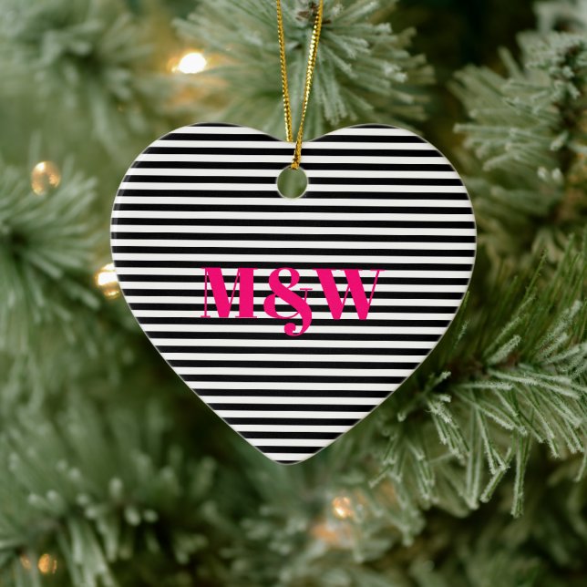 Initialer monogram svartvit rand julgransprydnad keramik (Träd)