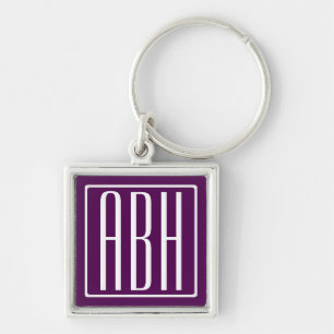 Initialer Monogram Vit om djup Lila Fyrkantig Silverfärgad Nyckelring