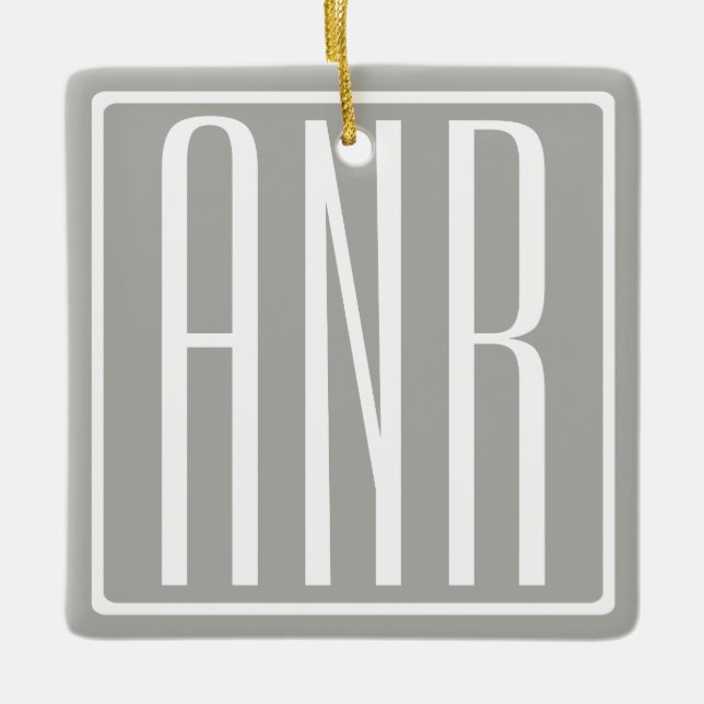 Initialer Monogram | Vit På Ljusgrå Julgransprydnad Keramik (Framsida)