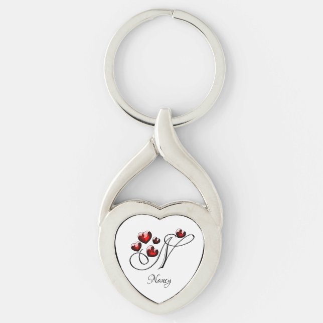 Initialer och hjärtan twisted heart silverfärgad nyckelring (Framsidan)