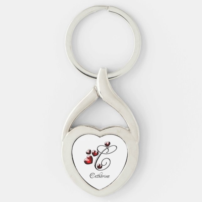 Initialer och hjärtan twisted heart silverfärgad nyckelring (Framsidan)