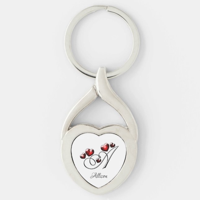 Initialer och hjärtan twisted heart silverfärgad nyckelring (Framsidan)