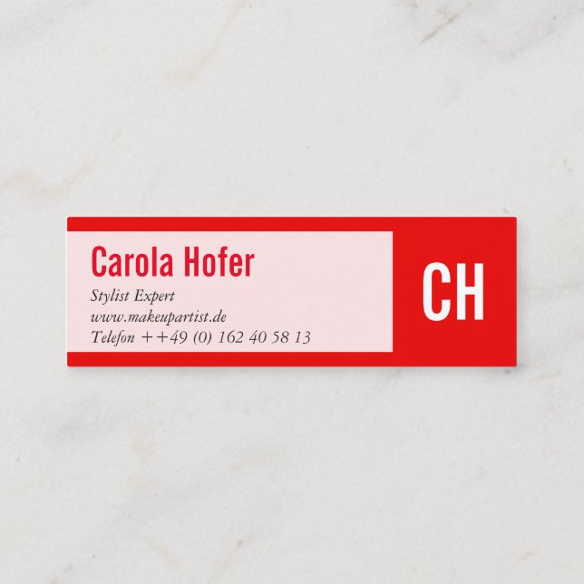 Initialer på rött mini visitkort (Baksida)