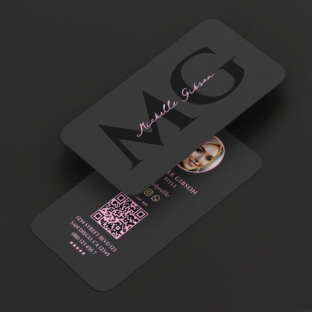 Initialer Professionell Estetik Rosa Svart Foto Visitkort (Initials Professional Aesthetic Pink Black Photo Business Card
)