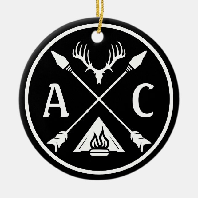 Initialer Rustic Äventyr Round Emblem Julgransprydnad Keramik (Framsidan)