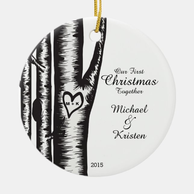 Initialer som snidas på träd, kopplar ihop jul julgransprydnad keramik (Framsidan)