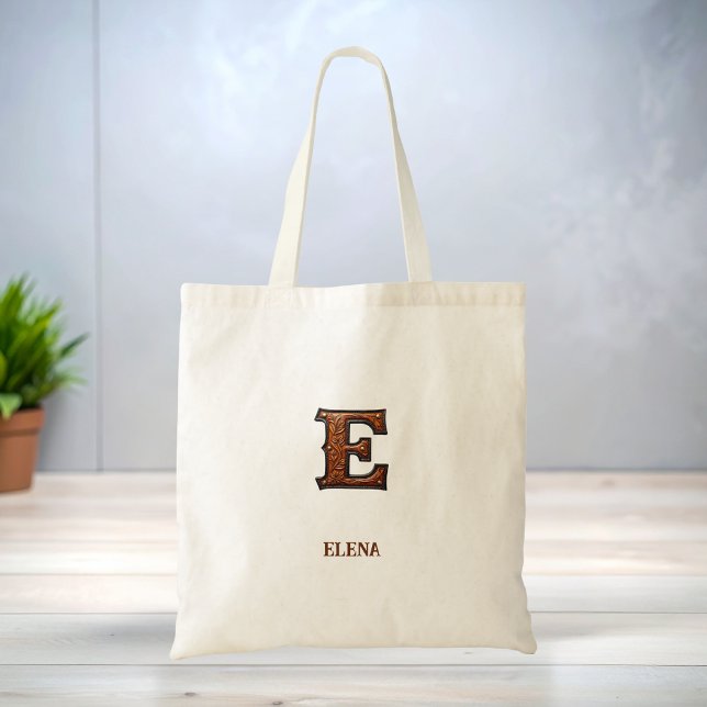 Initialmonogram E i bearbetat västerländskt läder Tygkasse (Skapare uppladdad)