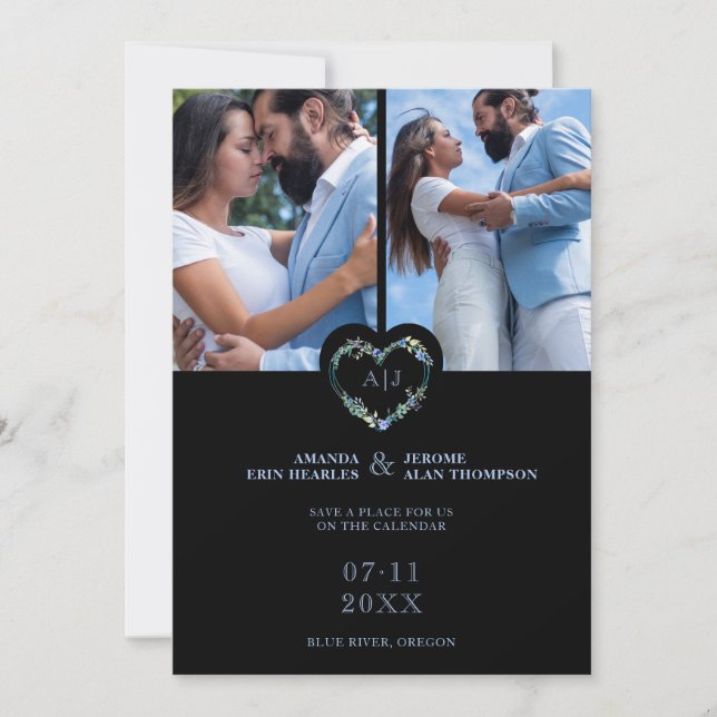 Initials Floral Blue Heart 2 Photos on Black Spara Datumet (Framsida)