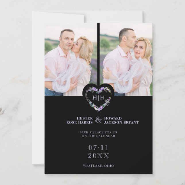 Initials Floral Purple Heart 2 Photos on Black Spara Datumet (Framsida)