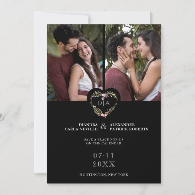 Initials Floral Red Heart 2 Photos on Black Spara Datumet (Framsida)