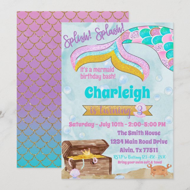 Initiering av sjöjungfru Födelsedagsfest Bassäng P Inbjudningar (Fram/baksida)