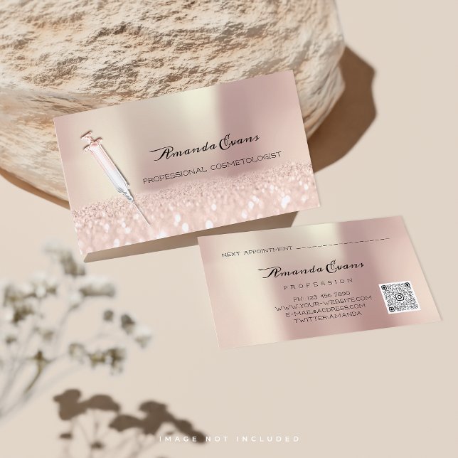 Injektionsvätska, kosmetologi i sprutan Ro Glitter Tidsbeställning Kort (Syringe Rose Glitter Botox Injections Cosmetology Appointment Card)