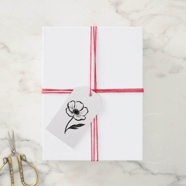 Ink Anemone Minimalistisk Blomsterpenseldragskonst Presentetikett (Med Snöre)