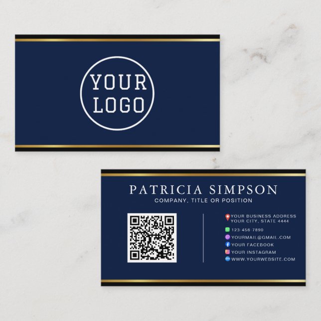 Ink Blue & Gold Edge Modern QR Code Template Visitkort (Fram/baksida)