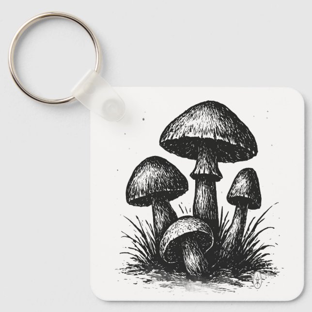 Ink‑Drawn Mushroom Cluster Tote Bag Nyckelring (Framsida)