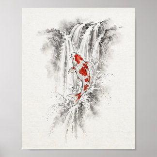 Ink Koi Fish som hoppar Vattenfall Poster