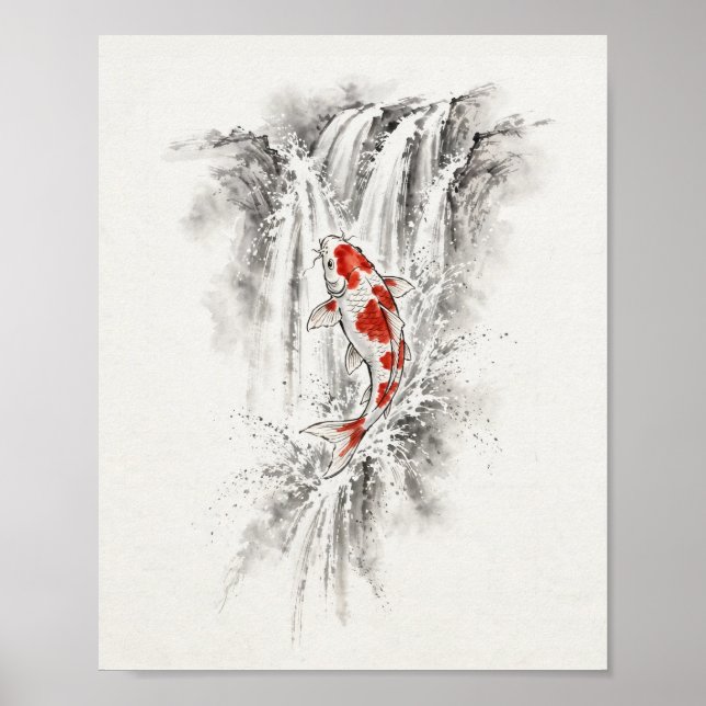 Ink Koi Fish som hoppar Vattenfall Poster (Framsidan)