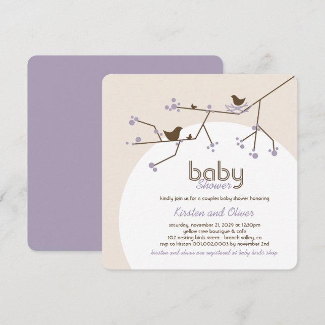 Inkapsling av fågelfamiljen Träd Par Baby Shower Inbjudningar (Fram/baksida)