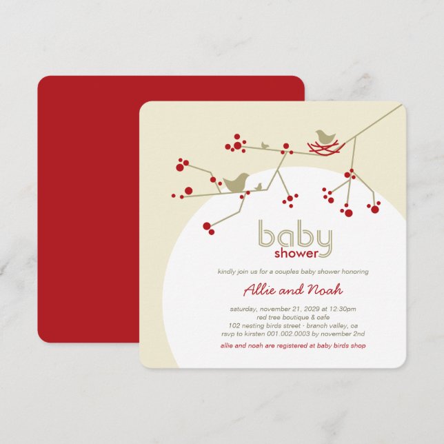 Inkapsling av fågelfamiljen Träd Par Baby Shower Inbjudningar (Fram/baksida)