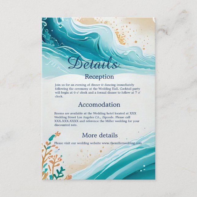 Inkapslingskort för blå kustvib bröllop tilläggskort (Framsida)