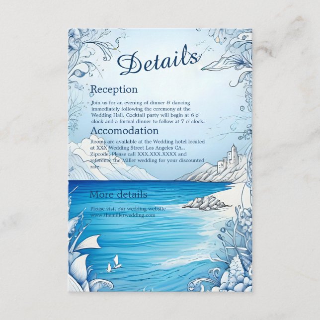 Inkapslingskort för blå kustvib bröllop tilläggskort (Framsida)