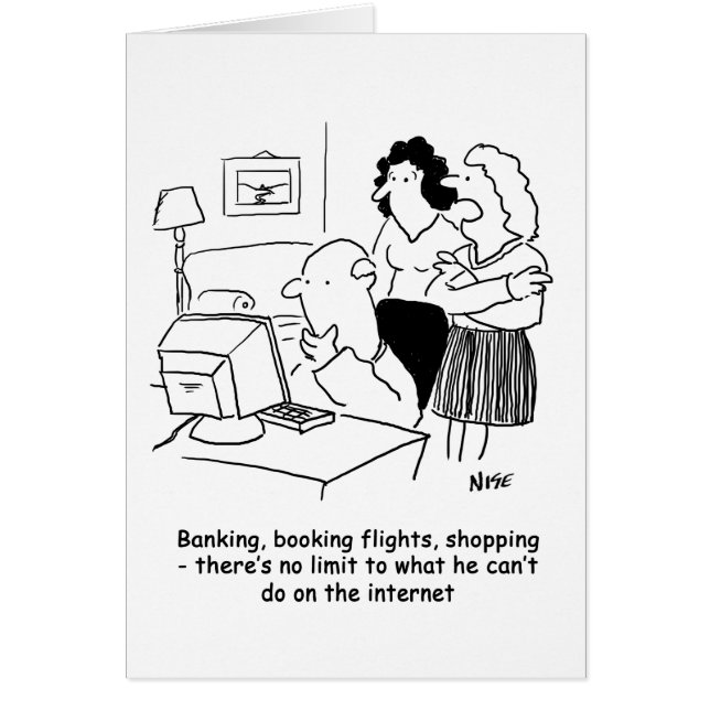 Inkompetent man på datorn hälsningskort (Framsidan)