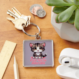 Inköpt-fullkomligt välkommen Chibi Kawaii Kitten p Fyrkantig Silverfärgad Nyckelring