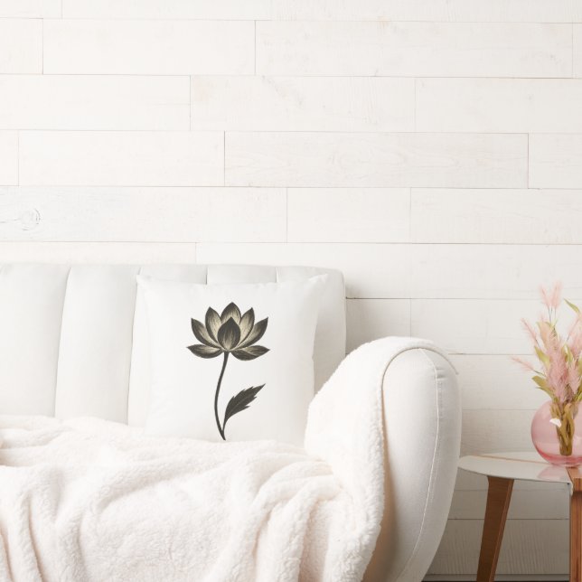Inkpensel Lotus – minimalistisk blomsterdesign på  Kudde (Soffa)