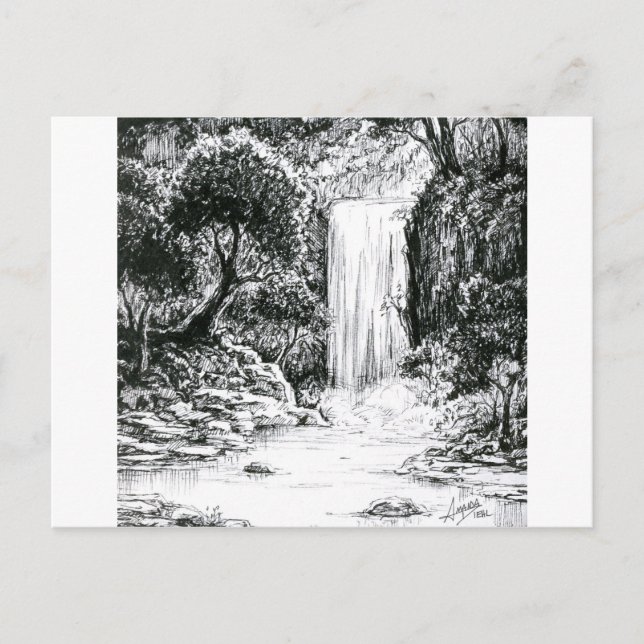 Inktober 2018 Dag 21 - Vattenfall i Skogen Vykort (Framsida)