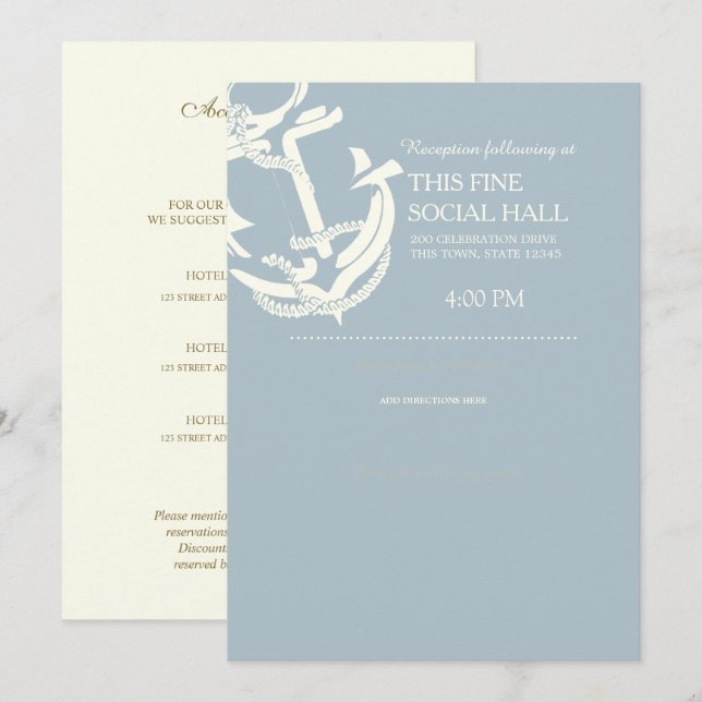 Inkvarteren Guld Anchor Nautical Bröllop Inbjudningar (Fram/baksida)