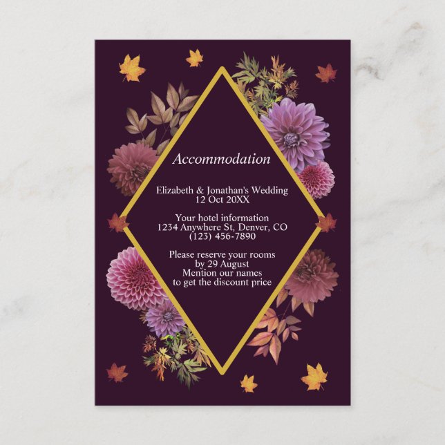 Inkvartering i Romantic Autumn Dahlia Bröllop Tilläggskort (Framsida)