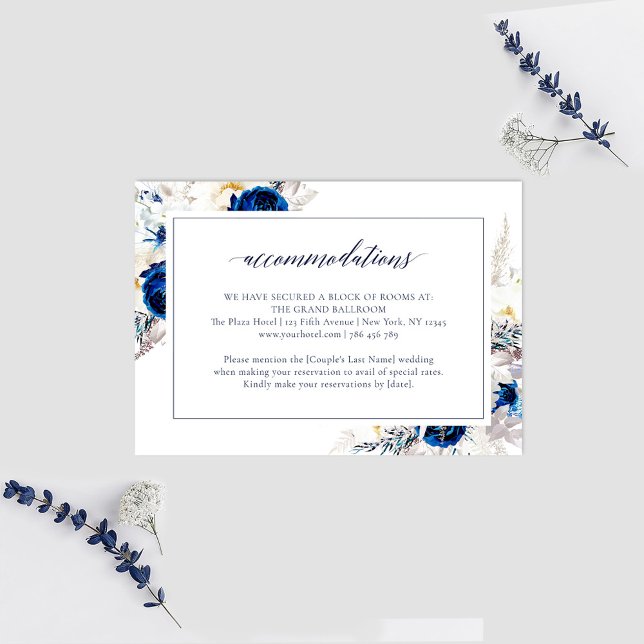 Inkvarteringskort för elegant Blue Blommigt Bröllo Tack Kort (Skapare uppladdad)