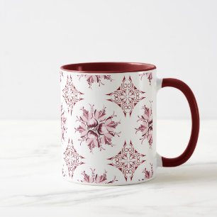 Inky Blommigt Coffee Mugg Burgundy Maroon och Wh