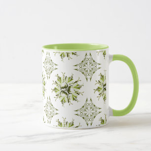 Inky Blommigt Coffee Mugg Grönt- och vitfasad