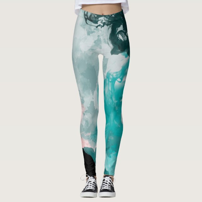 Inky Blue Grönt Turcos Teal Peach Mode Leggings (Framsida)