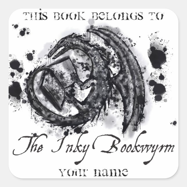 Inky Bookwyrm Bookplate Fyrkantigt Klistermärke (Framsida)