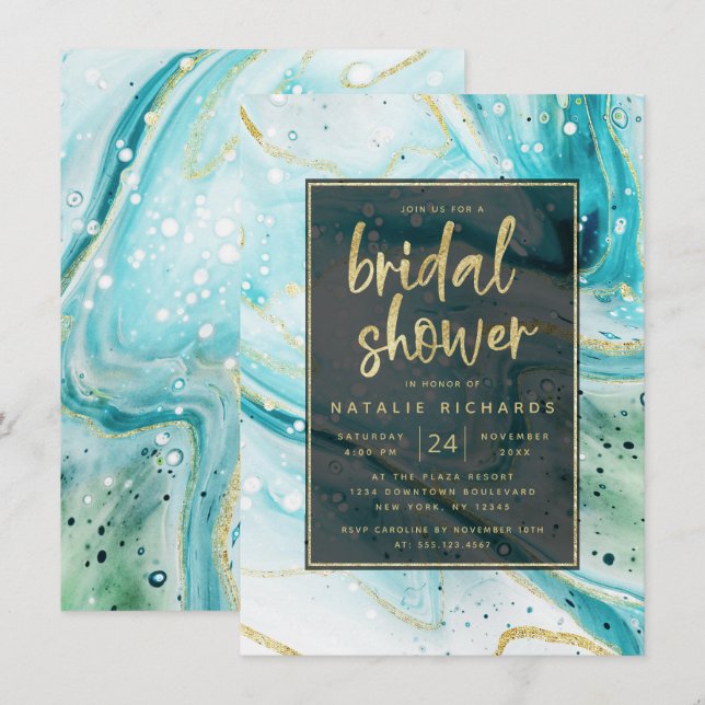 Inky Stänk Teal Marble med Guld Möhippa Inbjudningar (Fram/baksida)
