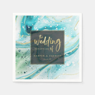 Inky Stänk Teal Marble med guldfolie Bröllop Pappersservett