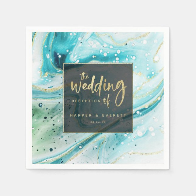 Inky Stänk Teal Marble med guldfolie Bröllop Pappersservett (Framsidan)