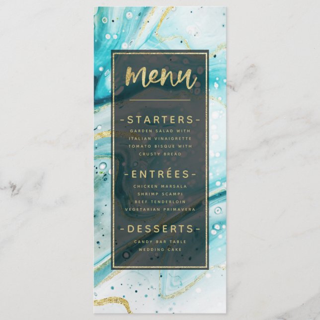 Inky Stänk Teal Marble with Gold foil Dinner Meny (Framsida)