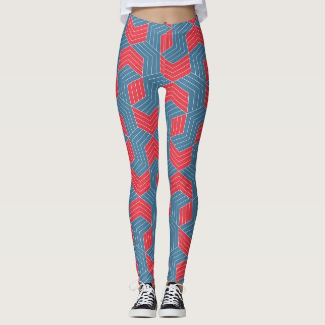 Inlåsta hexagons Red Blue Minimal Mönster Leggings (Framsida)