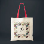 Inledande anpassat namn för Blommönstret Burgundy  Tygkasse<br><div class="desc">Den här väskan har ett blommönster med vattenfärg,  burgundi och marin med grönt löv och kan vara personlig med anpassningsbarna.</div>